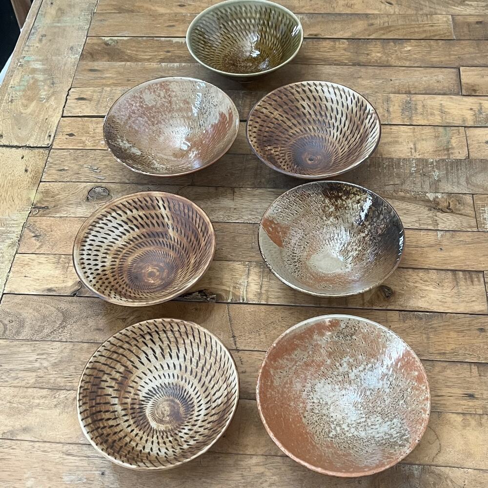 Japanese Bowls 5.25" Set of 7 Rustic Detailed Earthy Tones Spiral Design